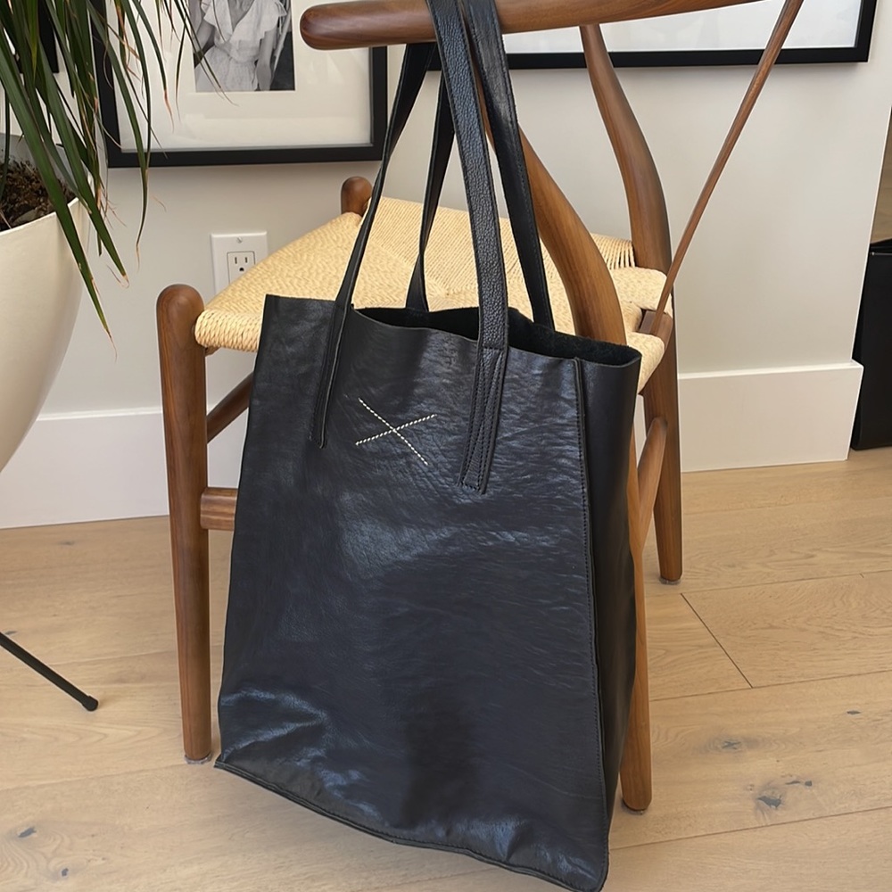 Minimal Black Leather Tote with Double Top Handles